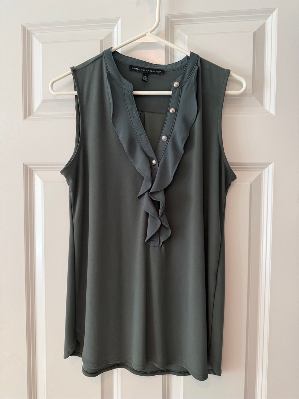 White House Black market Olive Green Sleeveless Ruffle V-Neck blouse